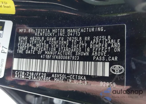 2013 Toyota Camry Se из США, поврежденный, VIN 4T1BF1FK6DU687923